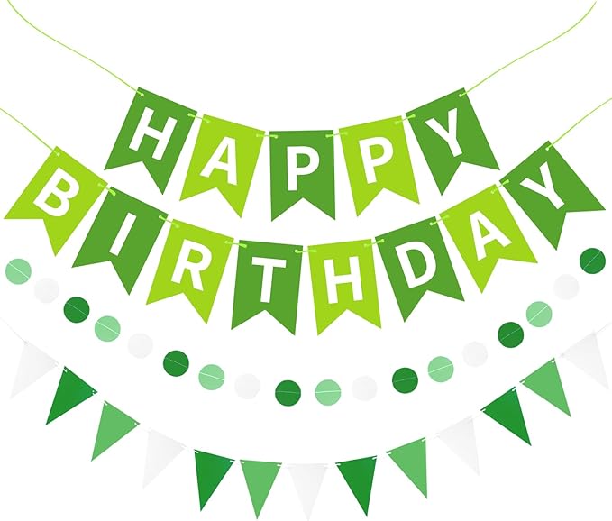 Green Happy Birthday Banner, Happy Birthday Decorations Hanging Birthday Sign Circle Dot Triangle Bunting for Women Men Girl Boy Party Supplies