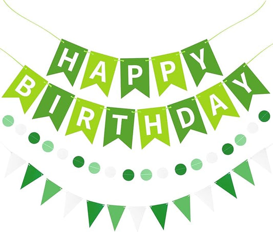 Green Happy Birthday Banner, Happy Birthday Decorations Hanging Birthday Sign Circle Dot Triangle Bunting for Women Men Girl Boy Party Supplies