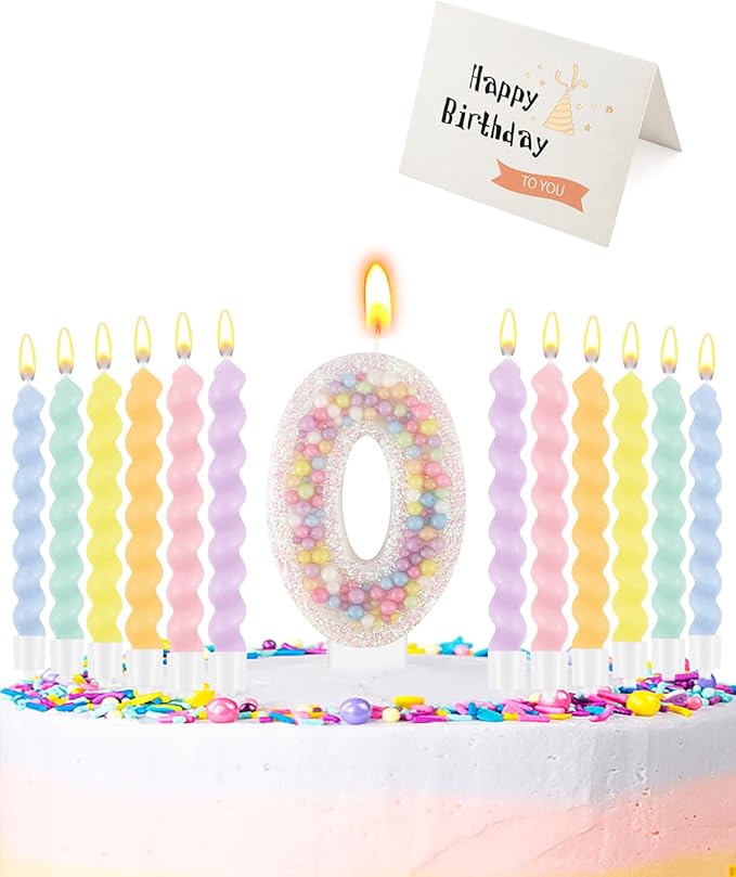 Birthday Candles for Cake, Pink Number Candles, Cake Candles with Greeting Card for Birthday Party Wedding Anniversary Celebrations（0 Candle,White Number Macaron）