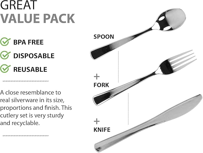 960 Piece Silver Plastic Silverware, Extra Heavyweight Disposable Cutlery Set, Full Size Silver Flatware Combo, 480 Forks 240 Spoons 240 Knives, Bulk Party & Wedding Utensils