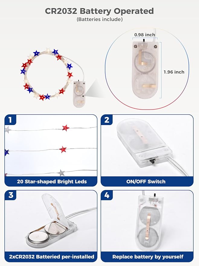 6 Packs 6.6ft 20 LEDs Star Fairy Lights Battery Operated,4th of July Decorations Mini Star String Lights,Waterproof Twinkle Starry Light for Independence Day Memorial Day,Red White and Blue