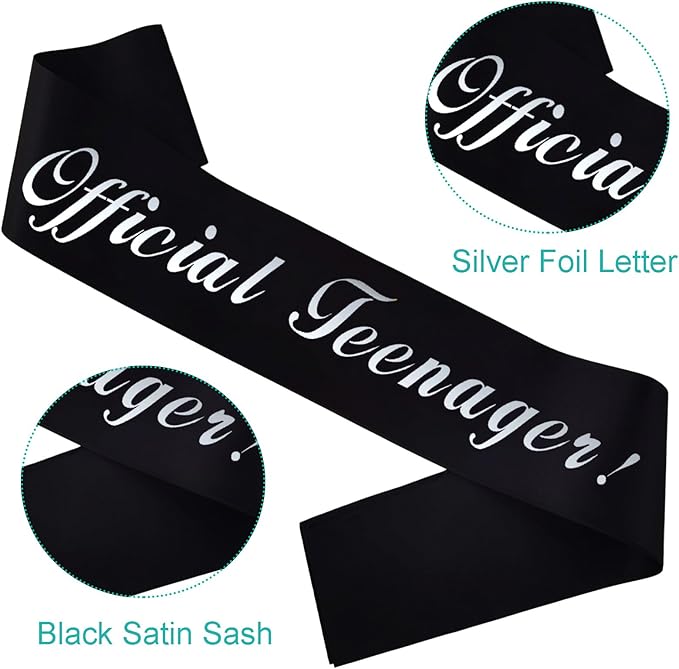 13th Birthday Sash, Silver Foil 'Official Teenager' Black Birthday Sash for Boy 13th Bday Party Decorations Gifts Favors