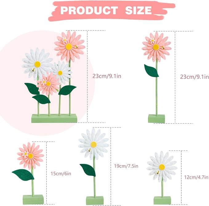 SUNBEAUTY 8PCS Daisy Felt Centerpieces for Tables Pink White Flower Birthday Party Daisy Birthday Decorations Spring Floral Table Centerpieces for Girl Birthday Baby Shower Garden Easter Party