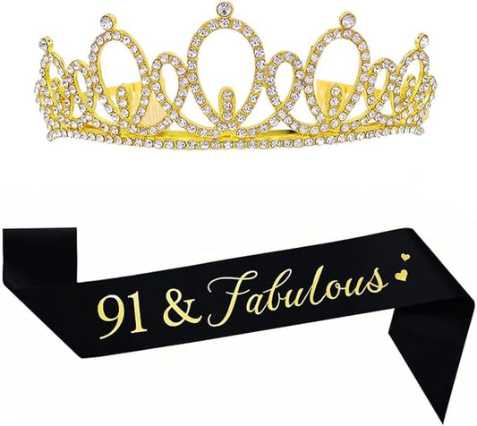Mayin Happy 91st Birthday Tiara and Sash Gifts Crystal Rhinestone Princess Crown Birthday Women Party Favor Supplies Gold Crowns Black Sash