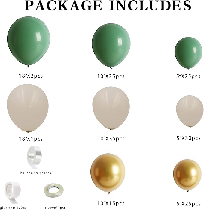 Sage Green Balloon Garland Arch Kit 158Pcs Sand White Gold Green Balloons for Birthday Jungle Safari Party Decorations