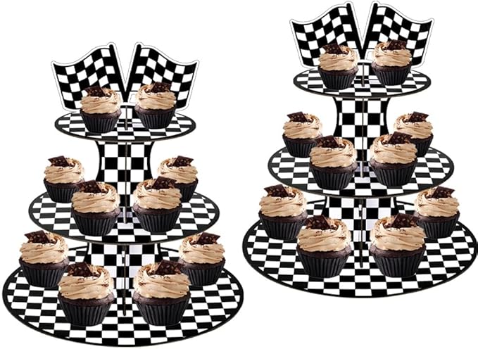 MRPAPA Carboard Cupcake Stands, Set of 2 Tiered Dessert Tray Purple, 3 Tier Paper Race Theme Cupcake Tower Holder for 24 Cupcakes Perfect for Birthday Baby Shower Party Supplies (Race)