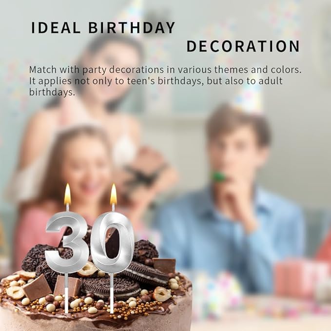 30th Birthday Candles Silver 30th Birthday Cake Topper Happy Birthday Decorations Number Candles for Cake Birthday Decorations for Him Her Silver Birthday Candle Candles for Cake Candles