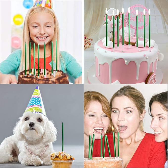 12 Count Long Thin Green Birthday Cake Candles in Holders for Birthday Cupcake Tall Candle 12 Pieces