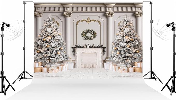 Kate 8×8ft (2.5×2.5m) Christmas Tree Photo Backdrop Xmas Palace Classic Indoor White Fireplace Gifts Decoration Photography Background for Christmas New Year Photographer Studio Props