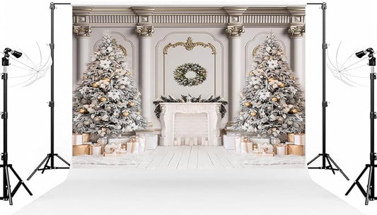 Kate 8×8ft (2.5×2.5m) Christmas Tree Photo Backdrop Xmas Palace Classic Indoor White Fireplace Gifts Decoration Photography Background for Christmas New Year Photographer Studio Props