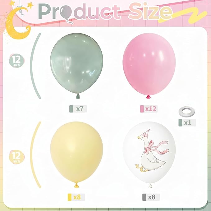 Goose Balloons Set, Pastel Pink Sage Dusty Green Light Yellow White Latex Balloons, 12 Inch Pink Green Yellow Funny Balloon for Kids One Silly Goose Birthday Party Decorations Baby Shower Farm Decor