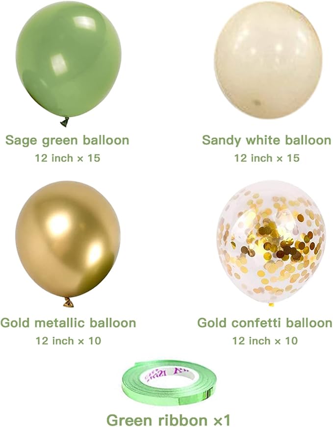 Sage Green Gold Balloons - 50 pcs 12 inch Olive Green Sand White Metallic Gold Confetti Balloons for Birthday Baby Shower Wedding Bridal Shower Party Decorations