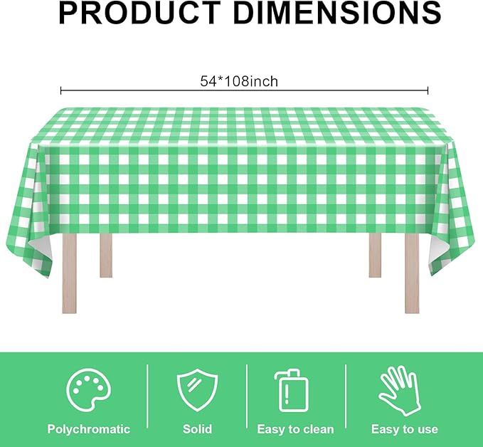 8 Pack Plastic Tablecloth 54" x 108" Disposable Table Cloths for 6 to 8 Foot Tables Rectangle Table Cover for Parties (Green Checkered, Rectangle)