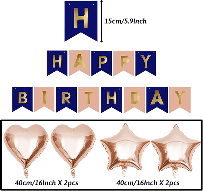 ZERODECO Navy Blue & Rose Gold Birthday Party Decorations - Happy Birthday Banner, Paper Pompoms, Balloons for Boys, Girls, Men & Women
