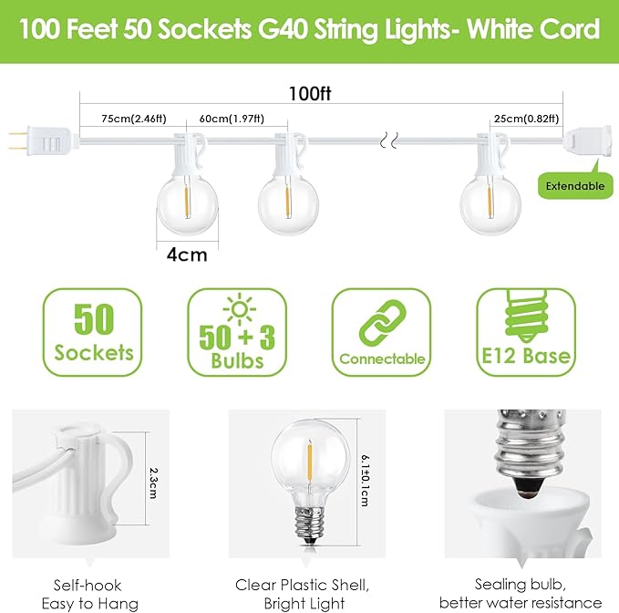 Mlambert 100Ft LED Outdoor String Lights, Dimmable Waterproof G40 Globe Patio Lights with 50+3 2700K Shatterproof Bulbs for Cafe Bistro-White Cord