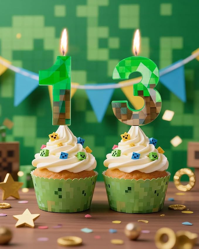 Pixel Birthday Candle, 2.68 Inch Miner Number Candles, Game Themed Candle Birthday Decoration for Pixel Theme Birthday Anniversary Dynamite Video Game Party (Green, 13)