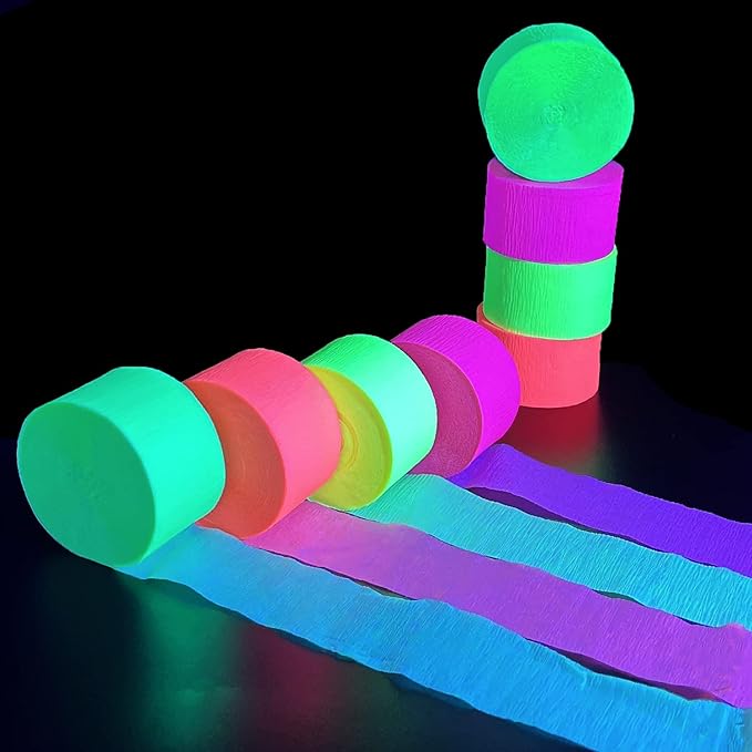 420feet Blacklight Party Streamer Decorations 4 Rolls Glow Crepe Paper UV Reactive Fluorescent Neon Paper Streamers Glow Party Supplies and Decorations for Wedding, Birthday, Neon Party, Fiesta Party