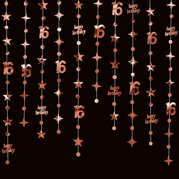 GCQQ 16th Birthday Decorations for Girls – 46FT Rose Gold Happy Birthday Number 16 Star Circle Dot Star Garland Set (14M) 4 Packs Pre-Strung Metallic Hanging Streamers for Sweet 16 Party Backdrop