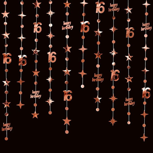 GCQQ 16th Birthday Decorations for Girls – 46FT Rose Gold Happy Birthday Number 16 Star Circle Dot Star Garland Set (14M) 4 Packs Pre-Strung Metallic Hanging Streamers for Sweet 16 Party Backdrop