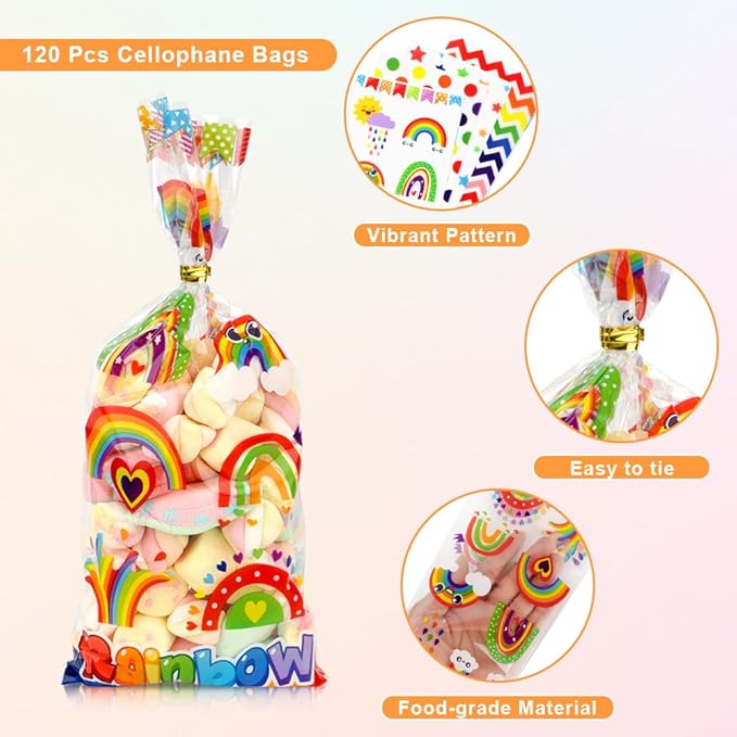 120 PCS Rainbow Cellophane Treat Bags, Colorful Cellophane Bags, Plastic Star Polka Dot Stripes Printed Candy Cookies Goodie Gift Bag for Valentine's Day Kids Birthday Party Holiday Favor Supplies