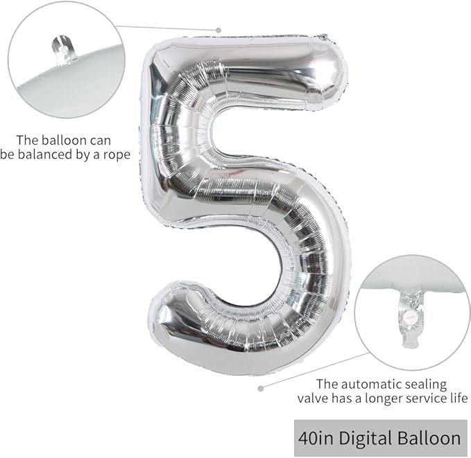 TONIFUL 40 Inch Silver Large Numbers Balloons 0-9, Number 5 Digital 5 Helium Foil Mylar Big Number Balloons for 2026 Graduation New Year Eve Birthday Party Anniversary Supplies Decorations