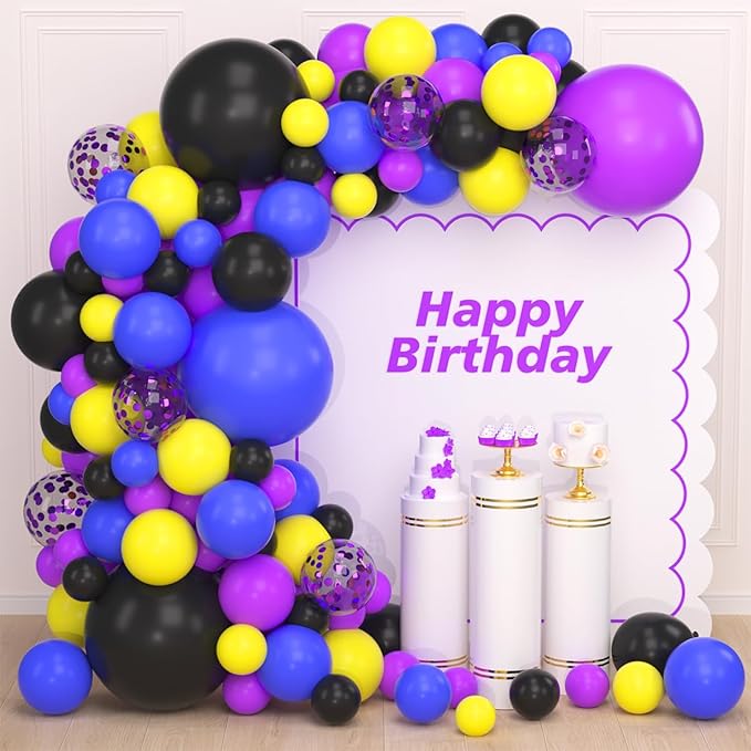 Purple Royal Blue Black Yellow Balloon Garland Arch Kit - 117PCS Purple Blue Black Balloons Video Gaming Party Supplies for Boys Miner Gamer Fan Birthday Graduation Party Decoration