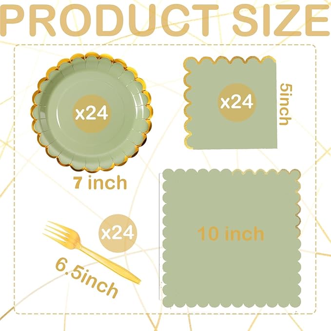 Green mix scalloped party plates with napkins and fork gold foil border, 24 Guest disposable Tableware Set Sage Green Party Decoration for Birthday Coquette Bridal Baby Shower Valentines