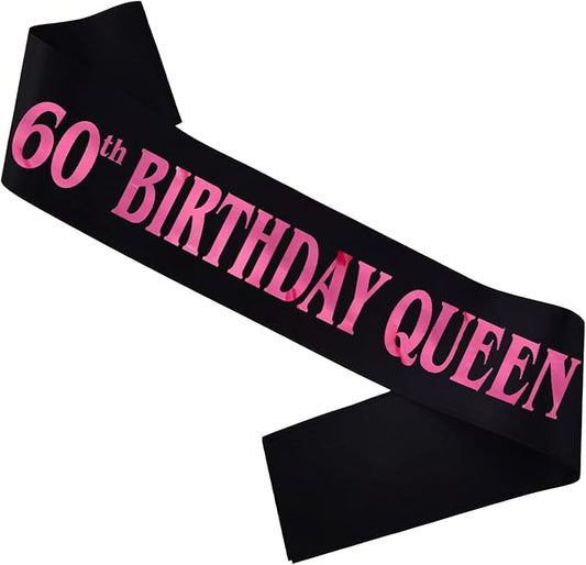 60th Birthday Queen Sash, Pink Foil Black Satin Birthday Sash for Women 60th Fabulous Birthday Party Gift Decorations Favors