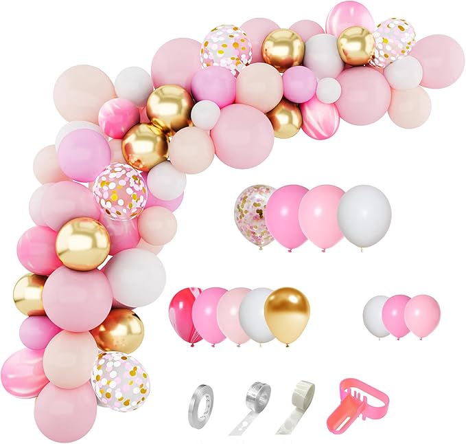 Amandir 144Pcs Pink Balloons Garland Arch Kit Light Pink Gold White Confetti Latex Metallic Balloons for Mothers Day Girl Birthday Baby Shower Wedding Graduation Party Decorations Supplies