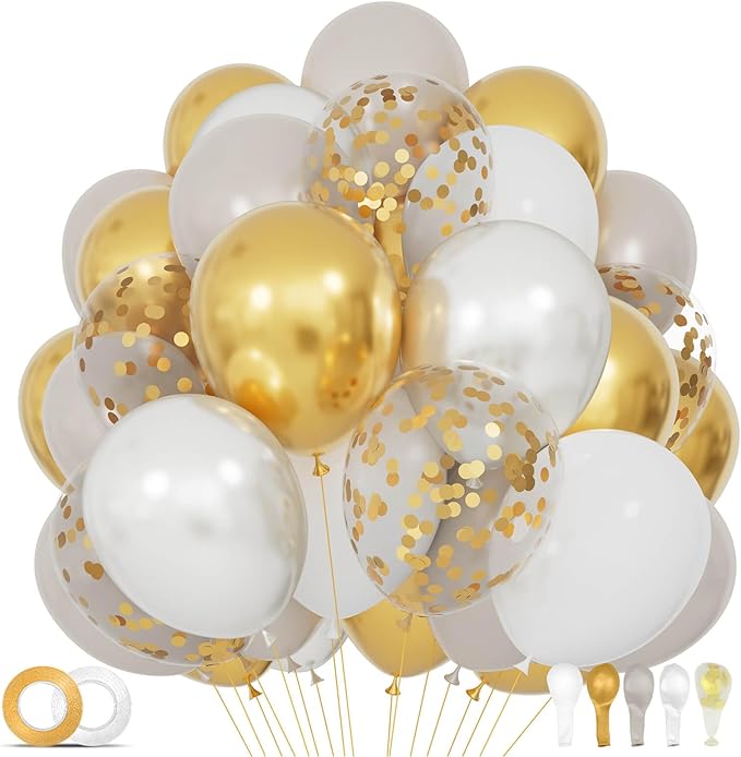 68Pcs Sand White Gold Confetti Balloons Kit 12 Inch Ballons Beige Pearl White Balloon Gold Party Balloons with Ribbons for Birthday Wedding engagement Baby Shower Graduation Decorations.