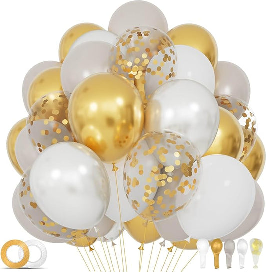 68Pcs Sand White Gold Confetti Balloons Kit 12 Inch Ballons Beige Pearl White Balloon Gold Party Balloons with Ribbons for Birthday Wedding engagement Baby Shower Graduation Decorations.