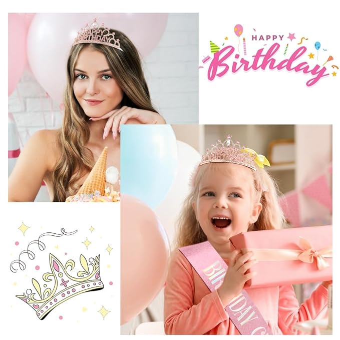 Pink Happy Birthday Crown and Sash for Women Pink Tiaras for Women Birthday Crowns for Girls Princess Crown for Girls Rhinestone Happy Birthday Hair Accessories