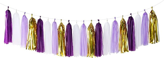 Purple-Gold Party Decoration Tassel Garland - 20pcs Lavender White Gold Birthday Party Supplies Tassels Banner Women Girls Wedding Engagement Bachelorette Graduation Decorations