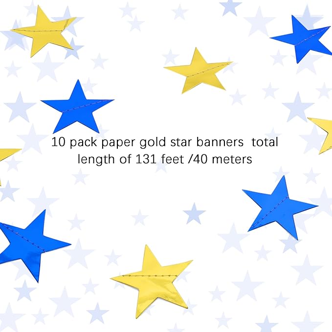 Glitter Star Garland Banner Decor 130 Feet Gold Blue Star Garland Hanging Bunting Banner Backdrop for Graduation Wedding Birthday Holiday Party