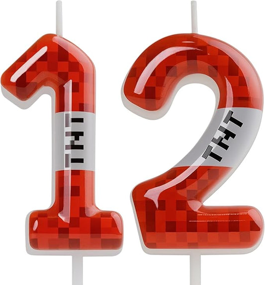 TNT Themed Birthday Candles for Boys Girls, Craft Pixels Cake Topper,Number 12 TNT Cake Toppers，Pixel Birthday Cake Candle,Kids Themed Birthday Party Supplies (Number 12)