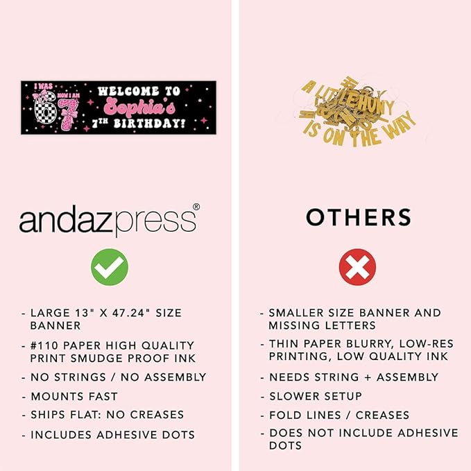 Andaz Press 13x48 Inch Custom 6 7 Birthday Banner Decorations, Personalized Birthday Banner with Custom Name, Coquette Pink Bow 67 Happy Birthday Party Banner for Girls, Home or Party Decor Backdrop