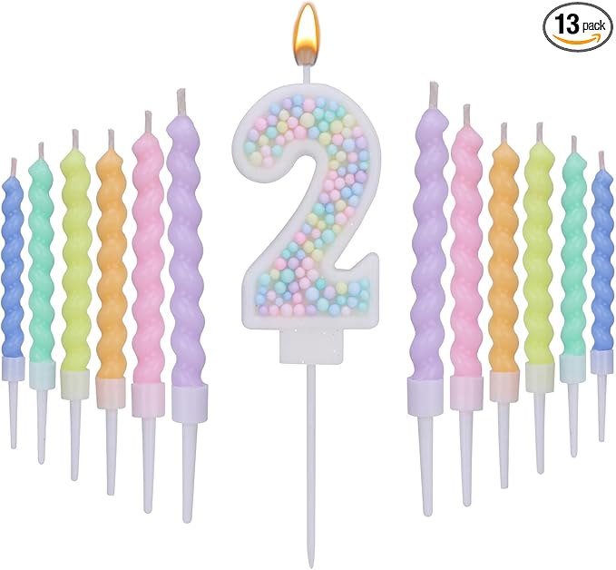 Number 2 Birthday Candles for Cake with 13 Pieces Spiral Candles with Macaron Pastel Rainbow Pink Cake Toppers for Girls Happy Birthday Party Decorations