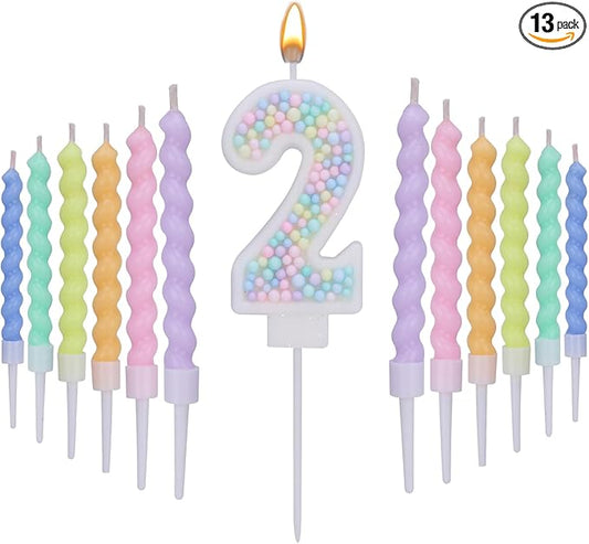 Number 2 Birthday Candles for Cake with 13 Pieces Spiral Candles with Macaron Pastel Rainbow Pink Cake Toppers for Girls Happy Birthday Party Decorations