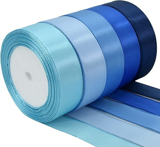 TONIFUL 1 Inch Blue Satin Ribbon Rolls, 5 Rolls 125 Yards Mixed Blue Color Ribbon Set for Gift Wrapping Embellish Wedding Birthday Baby Shower Bow Making Floral Craft Sewing Party Decor（25 Yd/Roll）