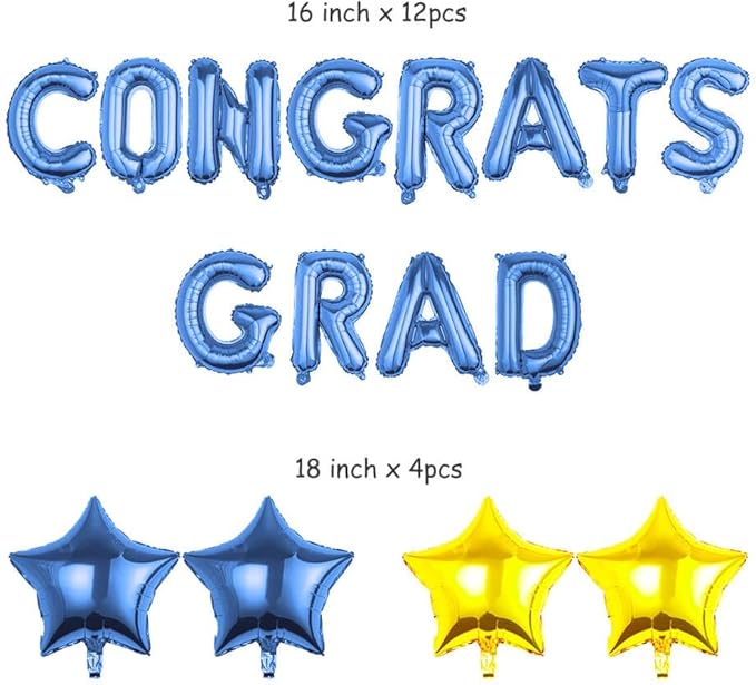 CONGRATS GRAD Blue Gold Balloon Gift Set - Perfect Graduation Gift - Complete 19-Piece Party Kit with 16” Letters + 18" Stars - Ready-to-Give Celebration Package 2026