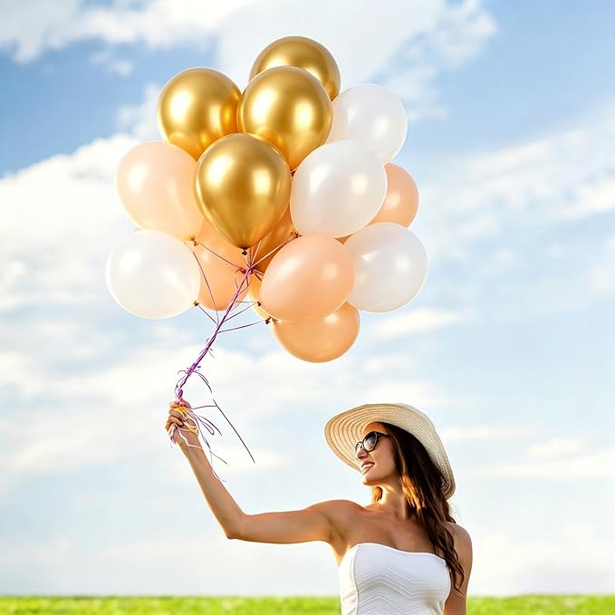 Gold and White Balloons 60 Pcs 12 Inch Latex Balloons Sand White and Golden Balloon with 1 Ribbon, for Birthday Wedding Bridal Shower Party Decorations