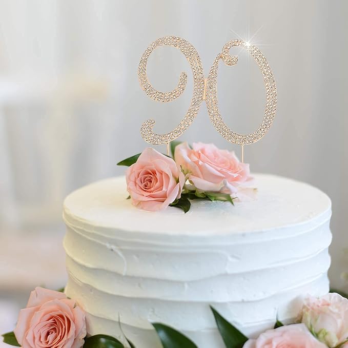 Bling Crystal Rhinestone 90 Birthday Cake Topper - Best Keepsake | 90th Party Decorations Gold