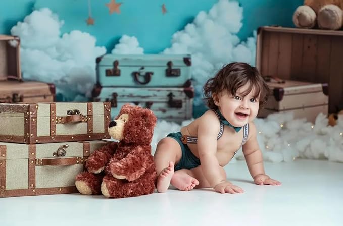 Kate Hot Air Balloon Backdrop for 1st Birthday Party Cartoon Teddy Bear Background Photo Studio Props, 10x6.5ft