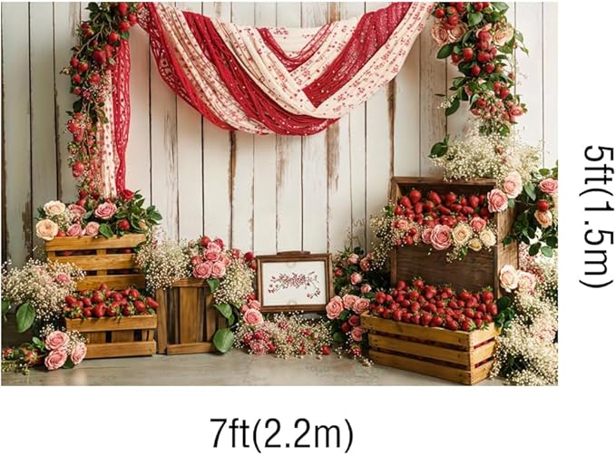 Kate 7x5ft Vintage Strawberry Garden Photography Backdrops Red Berries Pink Flowers Rustic White Wood Farmhouse Background Baby Shower Birthday Party Backdrop Video