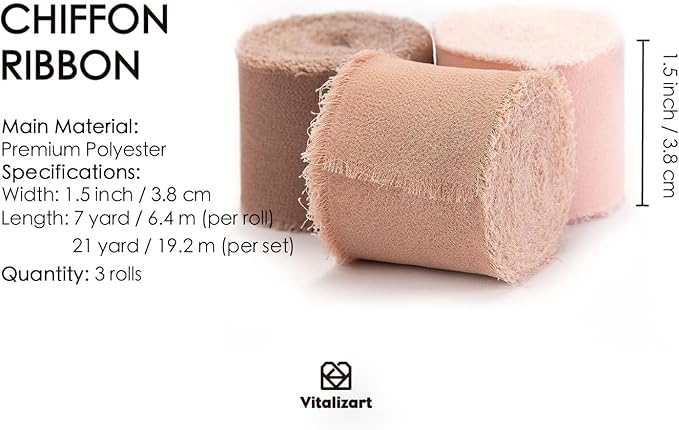Vitalizart Dusty Rose Handmade Chiffon Silk Ribbon Fringe 1.5" x 21 Yd Frayed Edges Brown Ribbons for Wedding Invitations Bridal Bouquets Gifts Wrapping Crafts Holiday Party Decorations Nude Pink