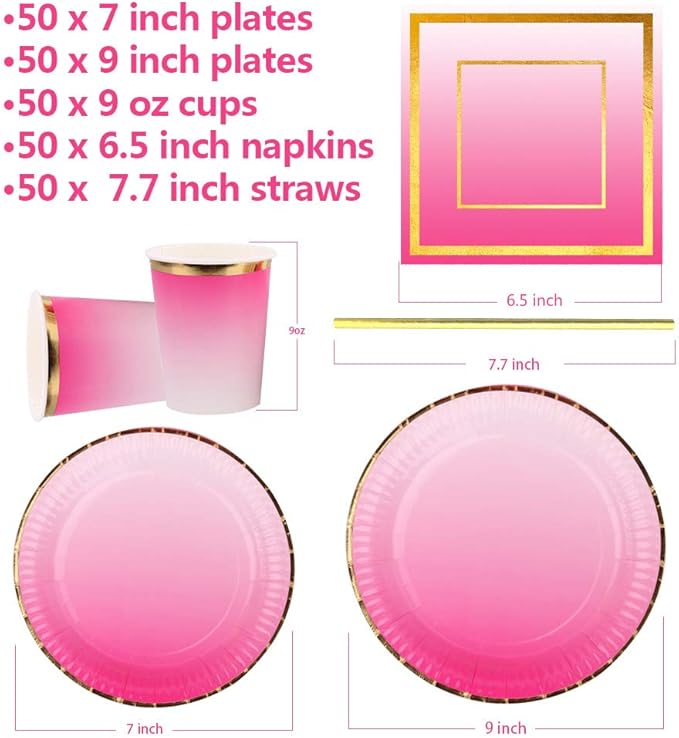 Ottin Ombre Rainbow Hot Pink Party Supplies 50-counts Disposable Paper Plates and Napkins Set for Birthday Wedding Bridal Baby Shower Engagement Mother's Day