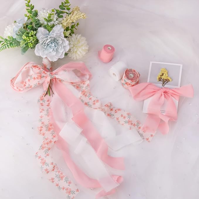 Handmade Fringe Floral Silk Chiffon Ribbons 1.5" x 7 Yards, 3 Rolls 21 Yards Pink Floral Ribbons Set for Wedding Invitations, Bridal Bouquets, Gifts Wrapping, DIY Crafts Decoration