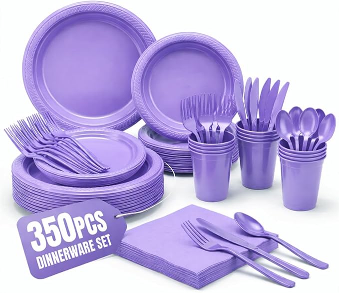 Disposable Party Kit for 50 Guests – 350-Piece Complete Set (Lilac)