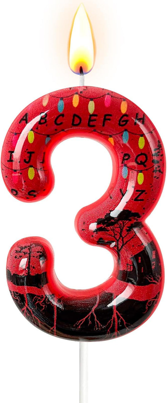 Red Number 3 Birthday Candle for Cake – Dark Horror Style with Alphabet Print & Shadow Design – Unique Cake Topper for Birthday, Anniversary, Themed Party Decoration