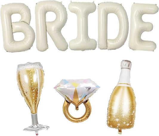 40inch Bride Balloons Beige Letters Banner with Champagne Bottle Diamond Ring and Glass Foil Balloons for Bachelorette Bridal Shower Engagement Wedding Party Decorations